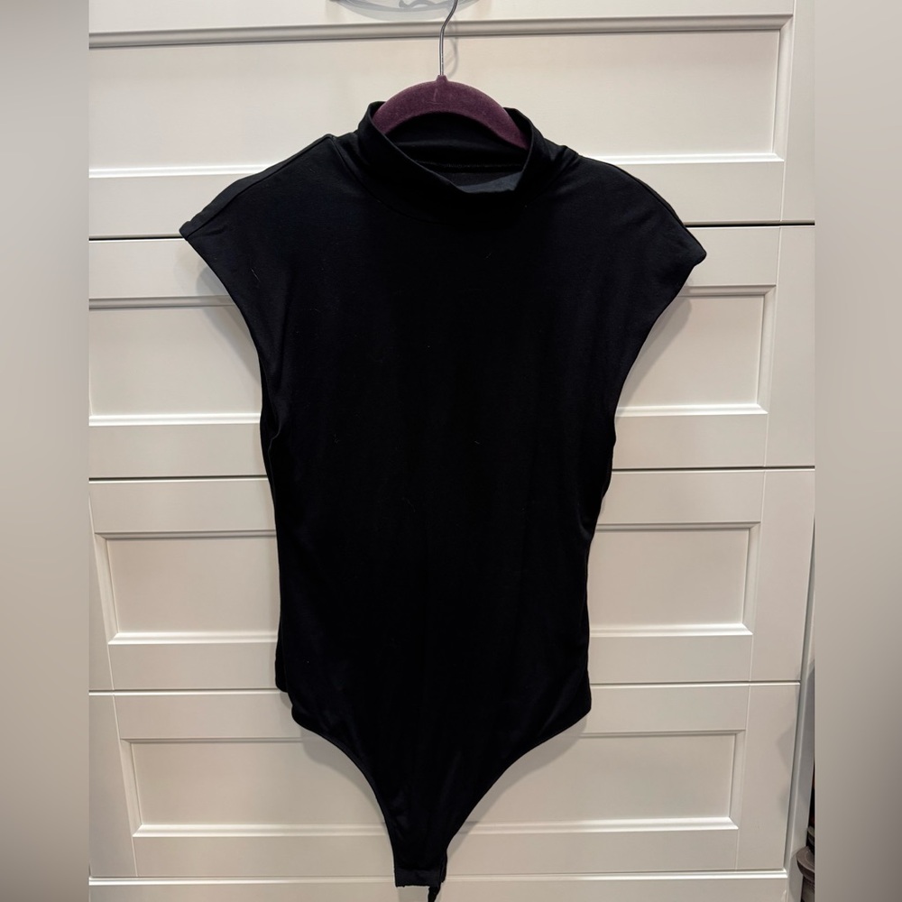 GOOD AMERICAN Black Sleeveless Mock Neck Power Thong Knit Bodysuit 2 = S